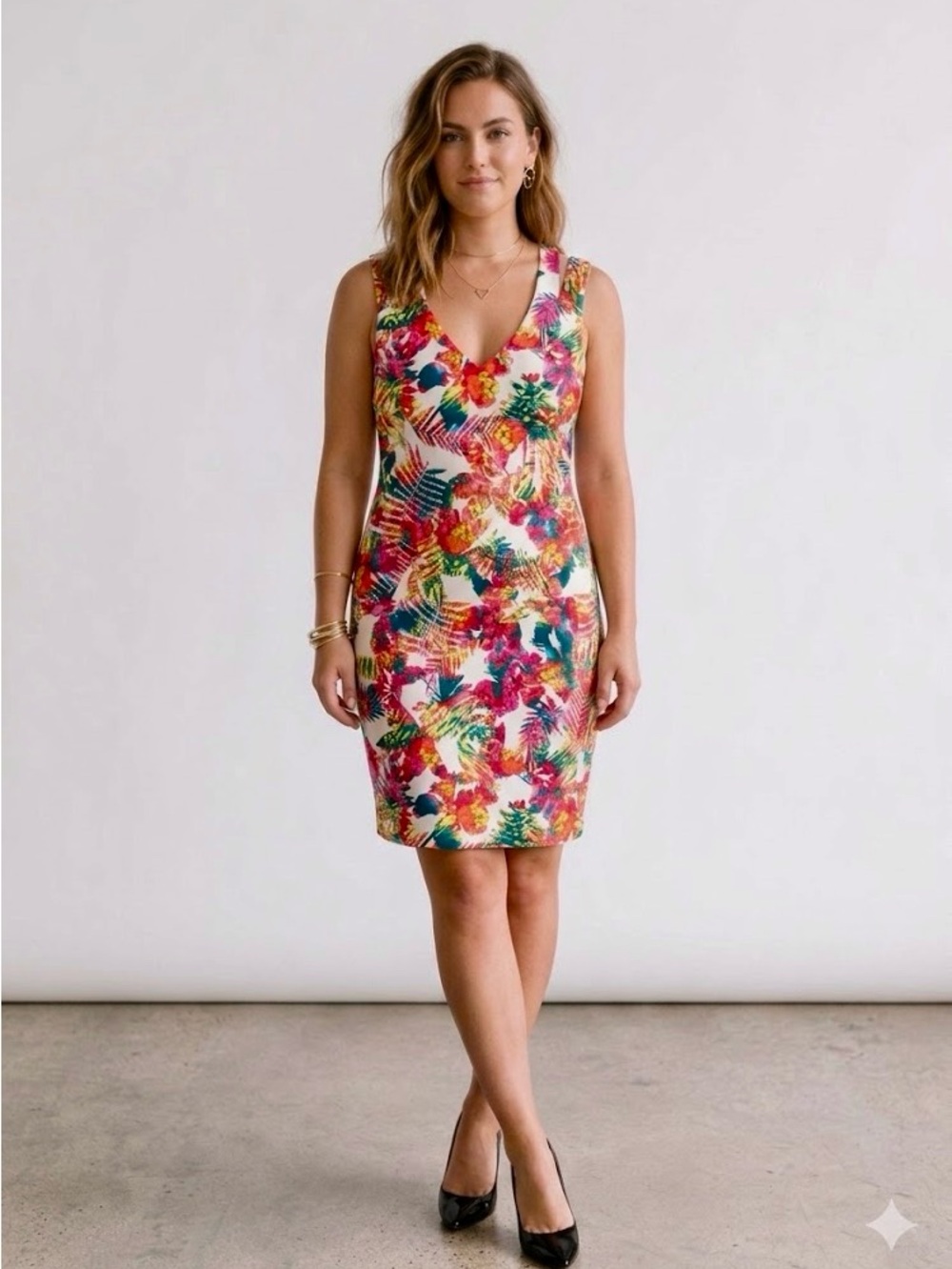 GUESS Tropical Floral Cross-Back Bodycon Dress V-Neck US 10 ✨EUC